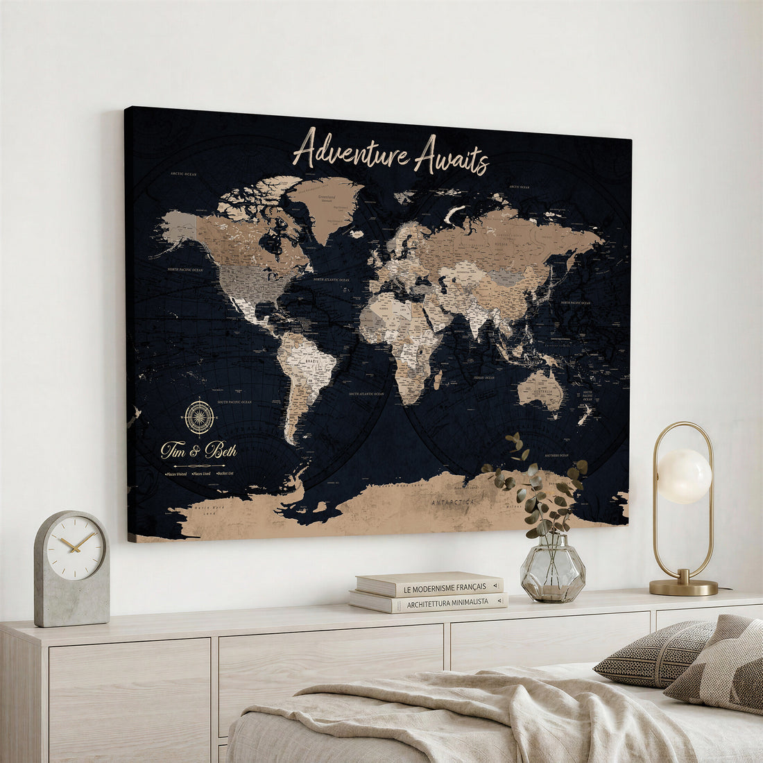 Personalized Framed Blue Vintage Push Pin World Map Canvas Print, Places Visited Tracker, Home Office and Hallway Decor