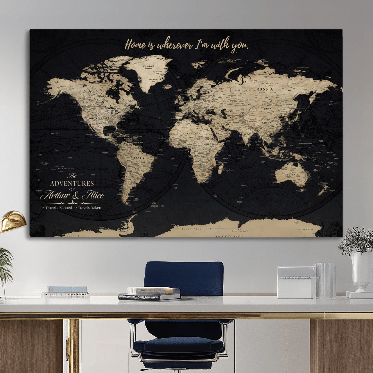31416046-MGV-CV-36X24 - Custom Push Pin World Map Wall Art Canvas Print – Personalized Travel Tracker with Pins Framed Large for Home and Office Decor