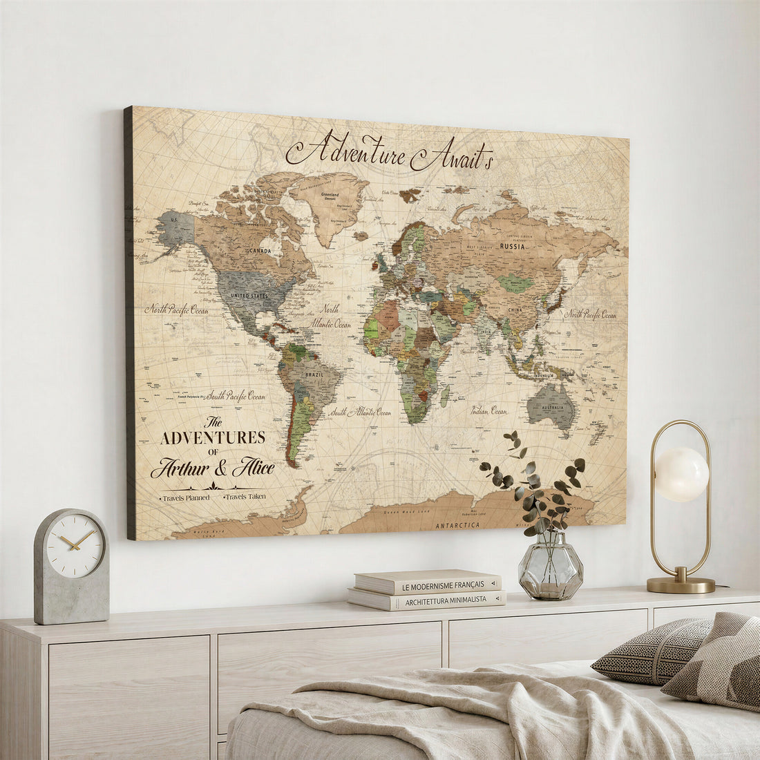Custom Framed Beige Vintage World Travel Map Wall Art with Pins, Family Travel Tracker, Family Room and Hallway Decor