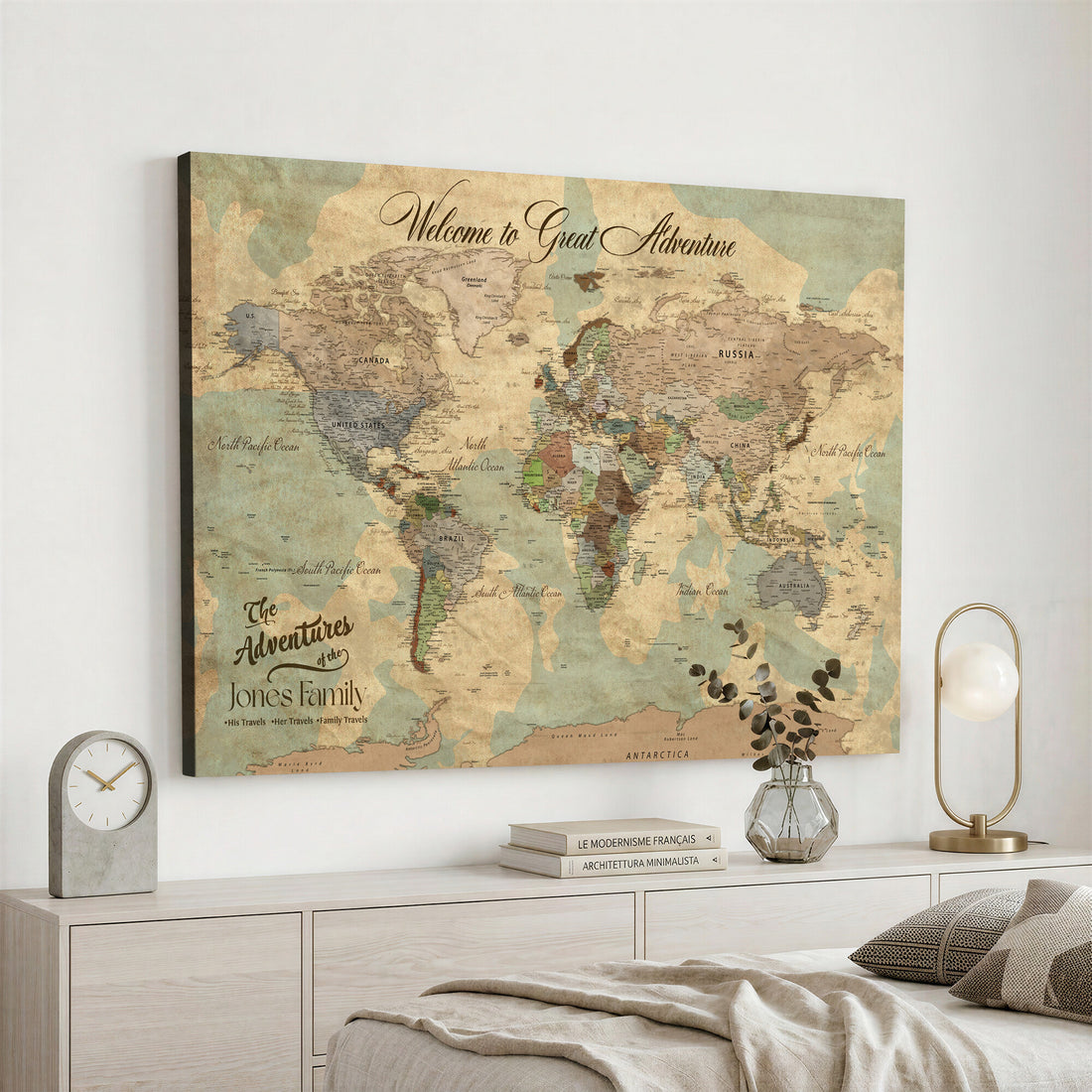 Personalized Framed Navy Vintage Push Pin World Map Wall Art, Places Visited Tracker, Bedroom and Hallway Decor