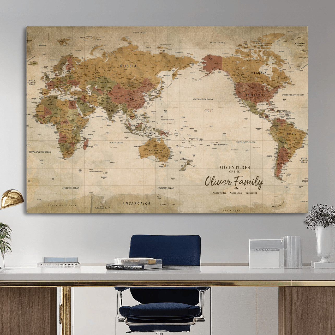 19347393-MGV-CV-36X24 - Custom Push Pin World Map Wall Art Canvas Print – Personalized Travel Tracker with Pins Framed Large for Home and Office Decor