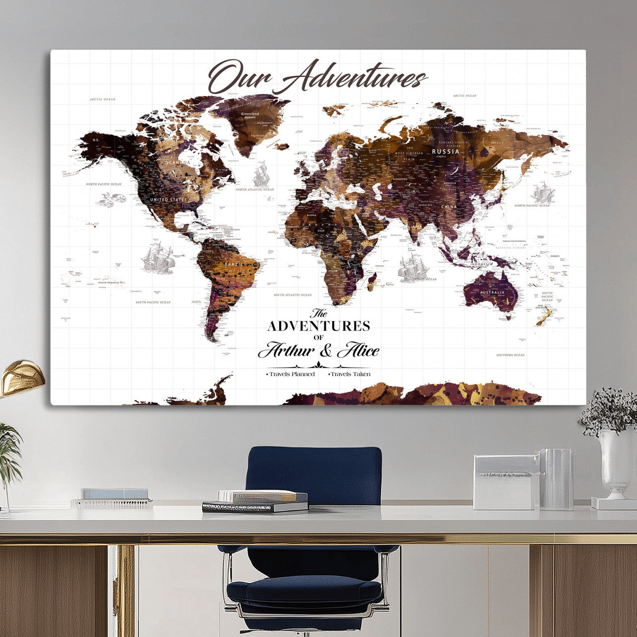 95729279-MGV-CV-36X24 - Custom Push Pin World Map Wall Art Canvas Print – Personalized Travel Tracker with Pins Framed Large for Home and Office Decor