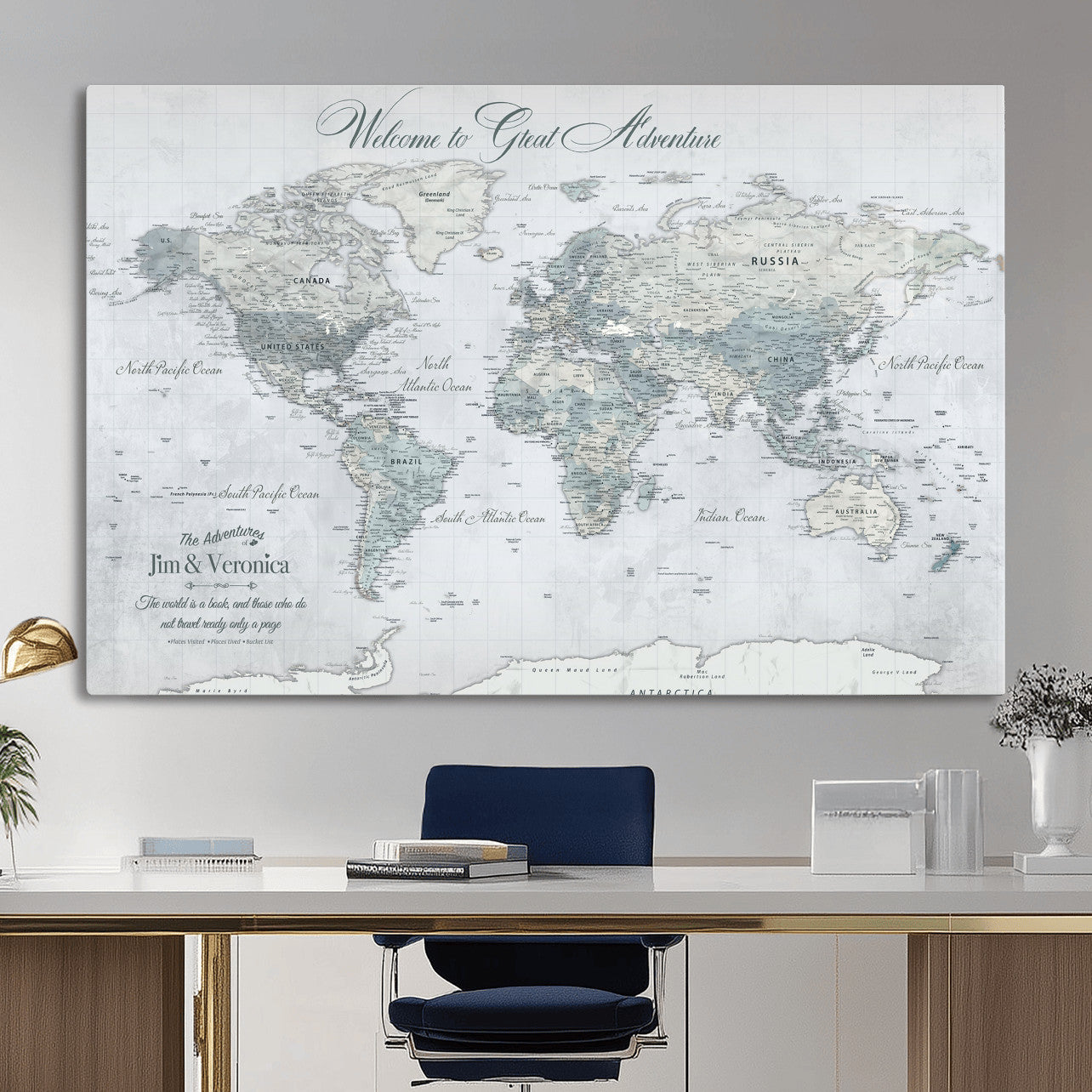 55391088-MGV-CV-36X24 - Custom Push Pin World Map Wall Art Canvas Print – Personalized Travel Tracker with Pins Framed Large for Home and Office Decor