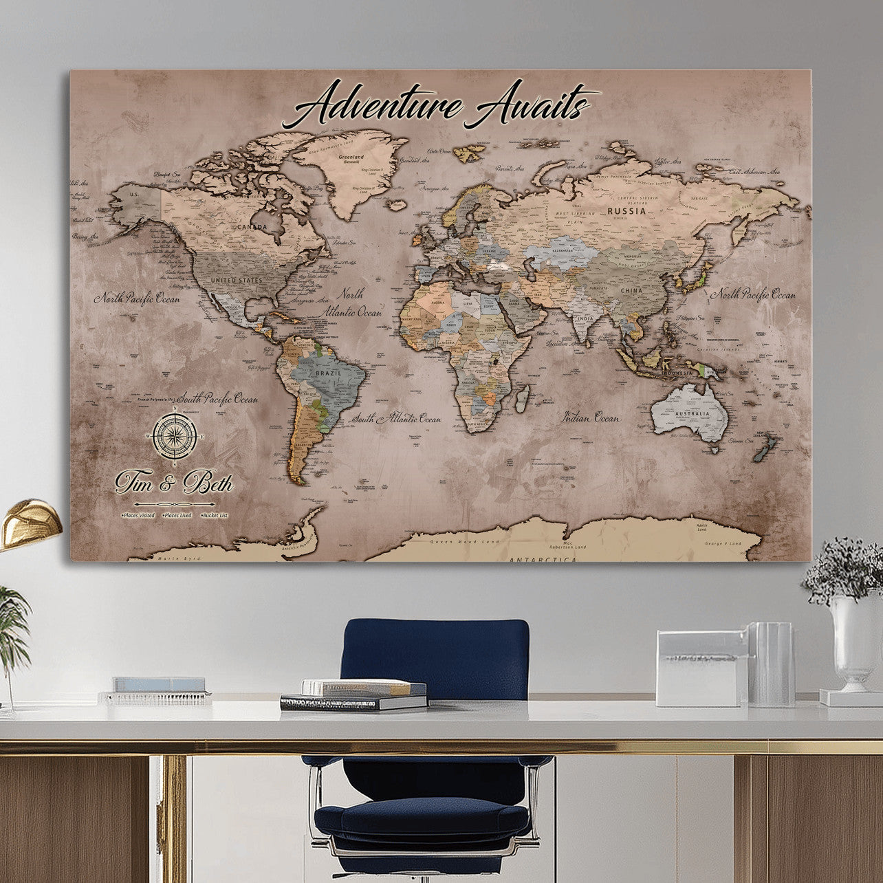 30508877-MGV-CV-36X24 - Custom Push Pin World Map Wall Art Canvas Print – Personalized Travel Tracker with Pins Framed Large for Home and Office Decor