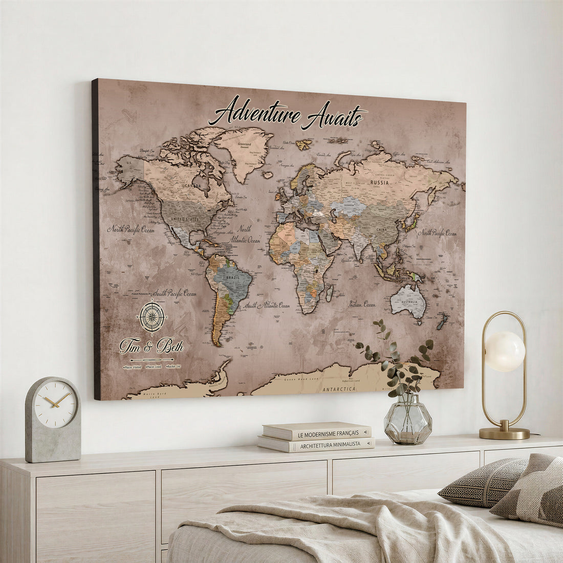 Custom Push Pin World Map Wall Art Canvas Print | Personalized Travel Tracker