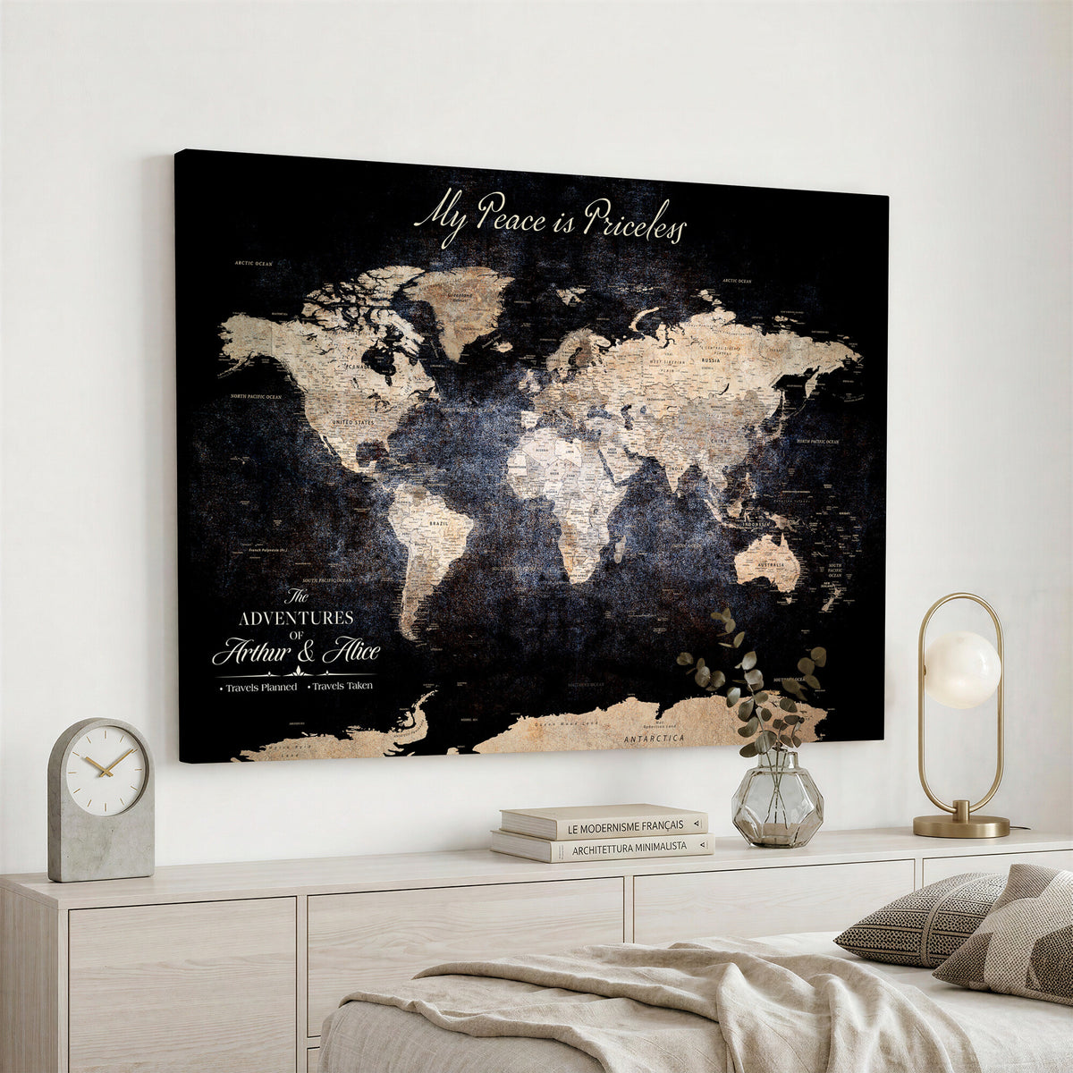 38689152-MGV-CV-36X24 - Personalized Beige World Map Canvas with Push Pins, Couples Countries Visited Map, Study and Hallway Decor