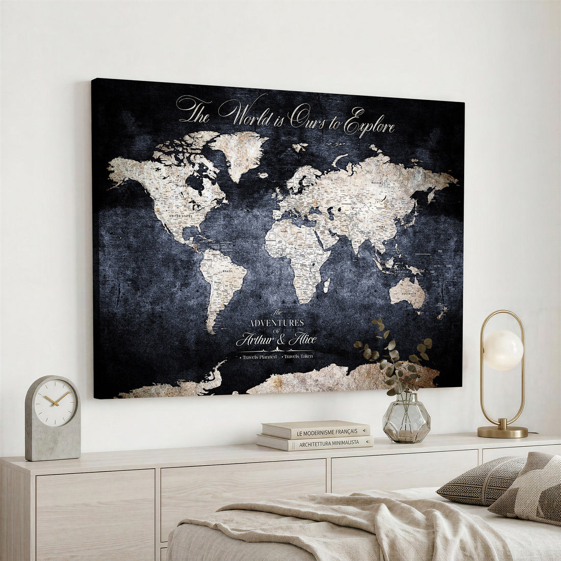 Personalized Beige Modern Push Pin Travel Map Canvas Print, Places Visited Tracker, Study and Entryway Decor