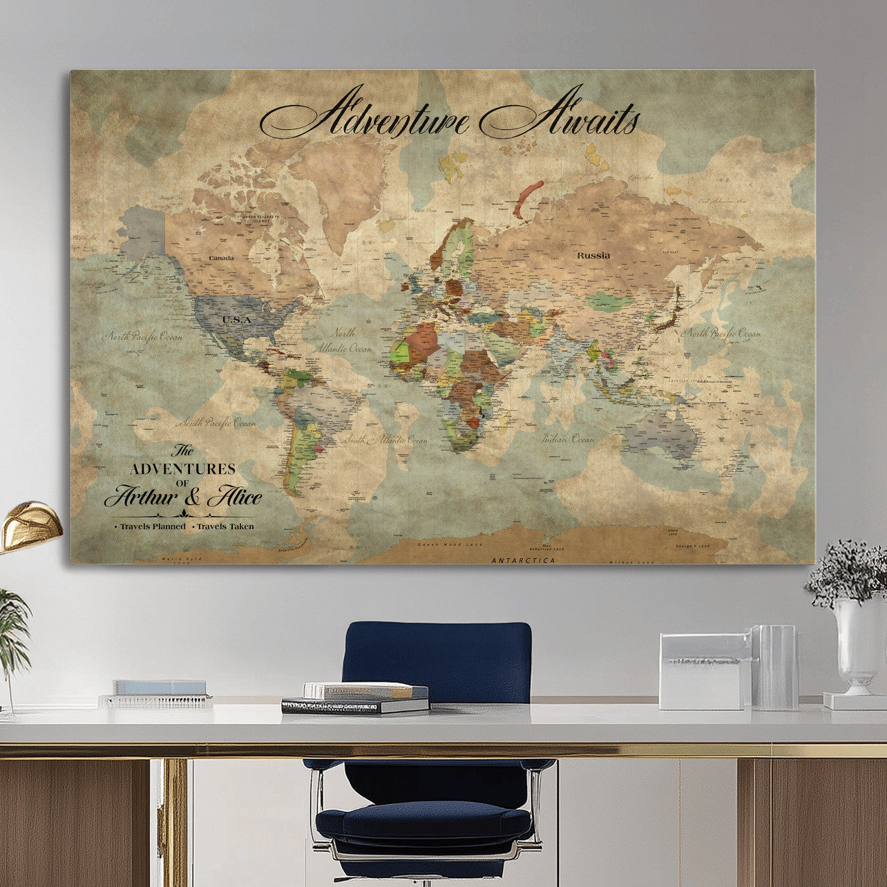 80420159-MGV-CV-36X24 - Custom Push Pin World Map Wall Art Canvas Print – Personalized Travel Tracker with Pins Framed Large for Home and Office Decor
