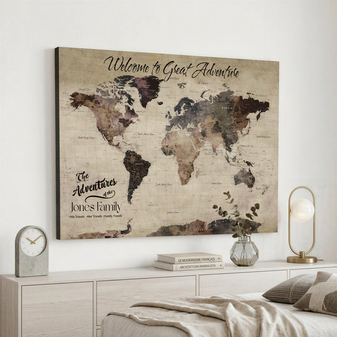 Custom Beige Modern Push Pin World Map Wall Art, Honeymoon and Anniversary Gift, Dining Room and Study Decor