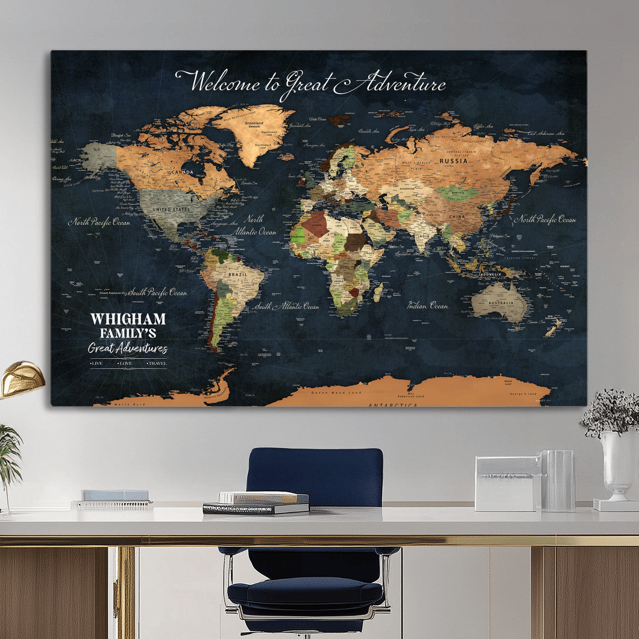 66788995-MGV-CV-36X24 - Custom Push Pin World Map Wall Art Canvas Print – Personalized Travel Tracker with Pins Framed Large for Home and Office Decor