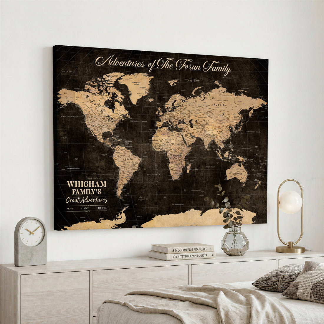 Personalized Framed Black Family Adventure Push Pin World Map Canvas, Family Travel Tracker, Family Room and Bedroom Decor