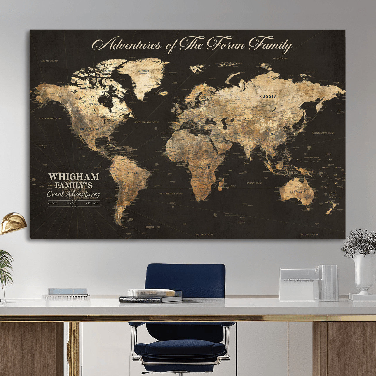 80238567-MGV-CV-36X24 - Custom Push Pin World Map Wall Art Canvas Print – Personalized Travel Tracker with Pins Framed Large for Home and Office Decor