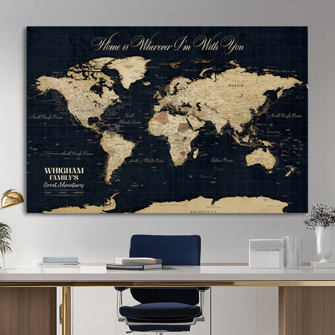 86888698-MGV-CV-36X24 - Custom Push Pin World Map Wall Art Canvas Print – Personalized Travel Tracker with Pins Framed Large for Home and Office Decor