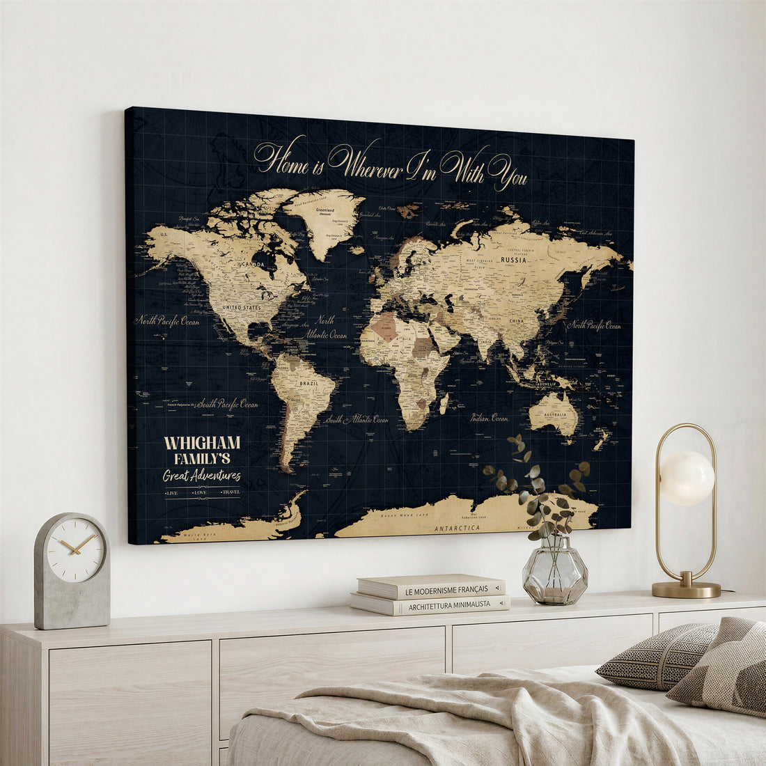 Personalized Framed Beige Geometric Push Pin World Map Wall Art, Couples Countries Visited Map, Bedroom and Hallway Decor