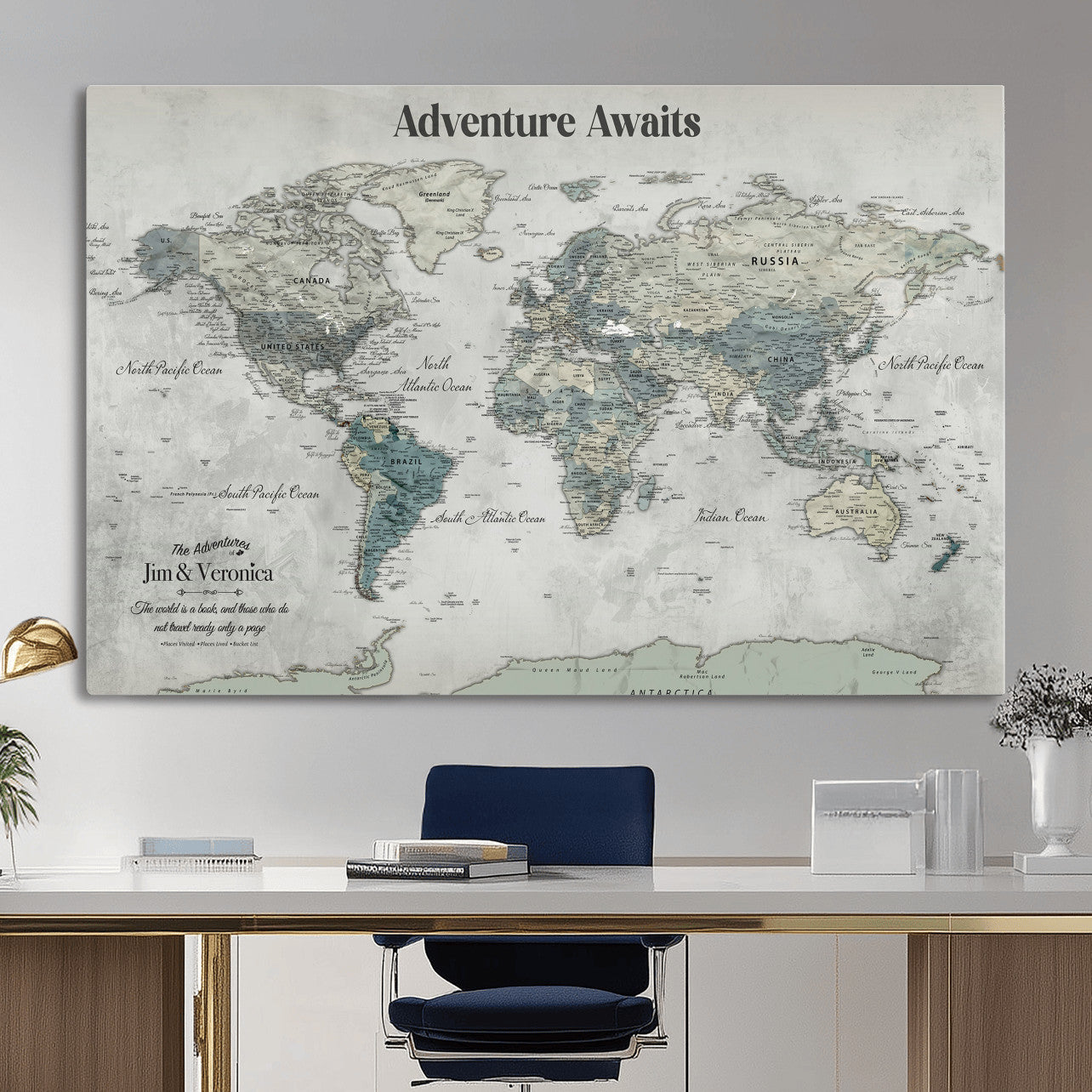11945570-MGV-CV-36X24 - Custom Push Pin World Map Wall Art Canvas Print – Personalized Travel Tracker with Pins Framed Large for Home and Office Decor