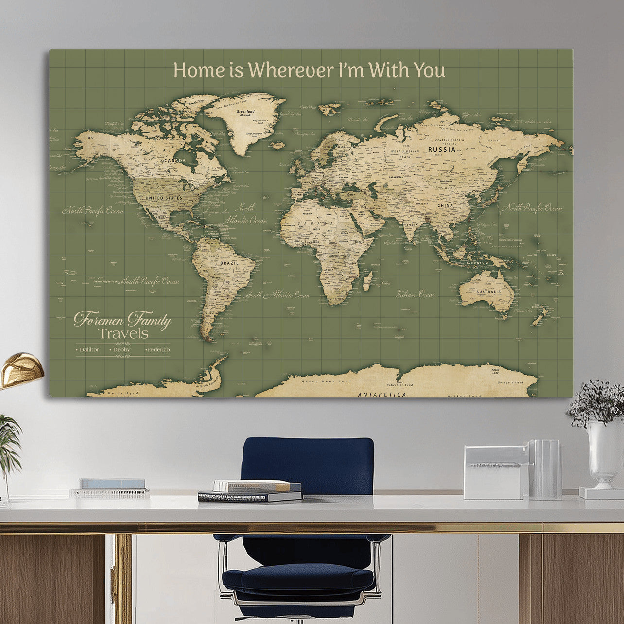 88521244-MGV-CV-36X24 - Custom Push Pin World Map Wall Art Canvas Print – Personalized Travel Tracker with Pins Framed Large for Home and Office Decor