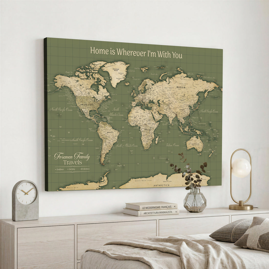 Personalized Framed Navy Push Pin World Map Wall Art, Family Travel Tracker, Bedroom and Home Office Decor
