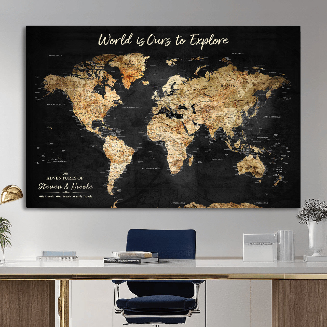 73732636-MGV-CV-36X24 - Custom Push Pin World Map Wall Art Canvas Print – Personalized Travel Tracker with Pins Framed Large for Home and Office Decor