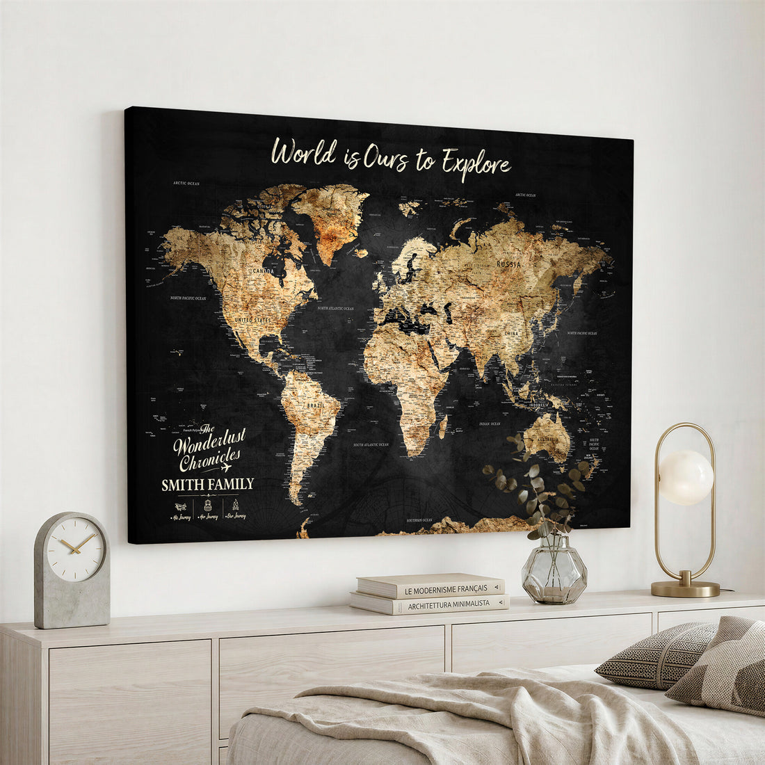 Personalized Framed Navy Modern World Travel Map Wall Art with Pins, Bucket List Map, Living Room and Hallway Decor