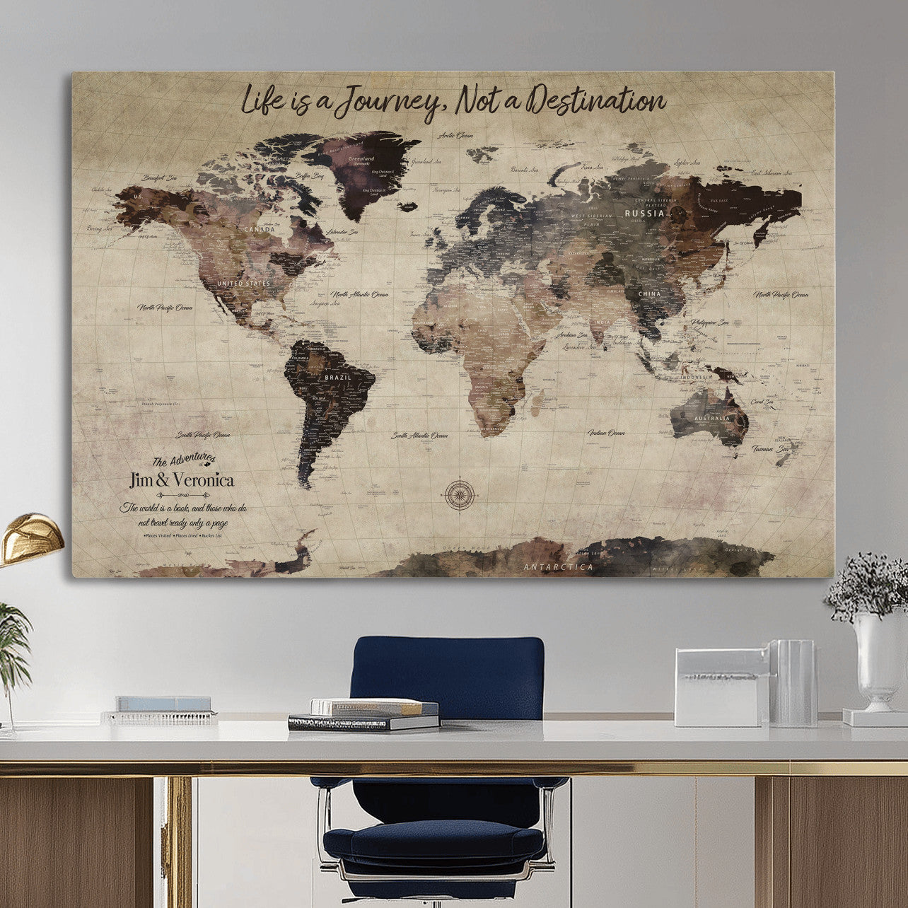 58257942-MGV-CV-36X24 - Custom Push Pin World Map Wall Art Canvas Print – Personalized Travel Tracker with Pins Framed Large for Home and Office Decor