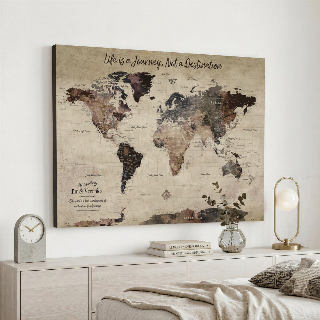 Custom Beige Vintage World Travel Map Wall Art with Pins, Bucket List Map, Bedroom and Hallway Decor