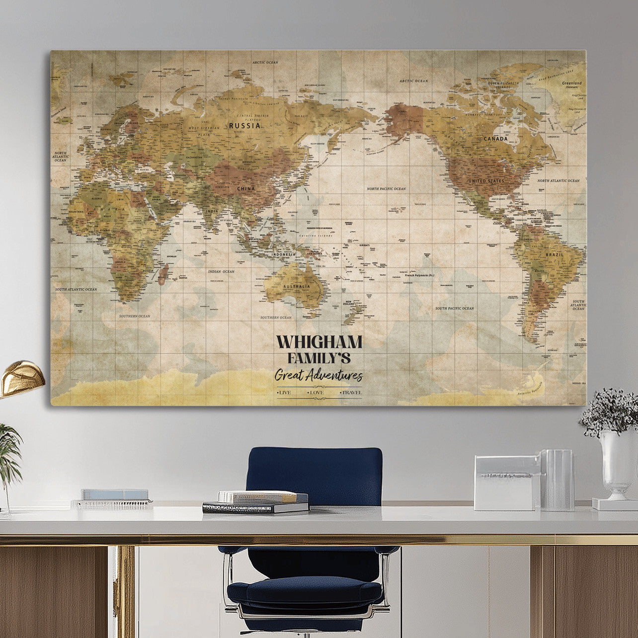 98110883-MGV-CV-36X24 - Custom Push Pin World Map Wall Art Canvas Print – Personalized Travel Tracker with Pins Framed Large for Home and Office Decor