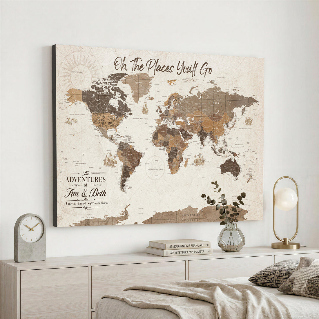 Custom Beige World Travel Map Wall Art with Pins, Couples Countries Visited Map, Living Room and Study Decor