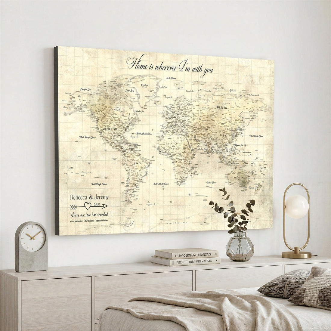 Personalized Beige Modern Push Pin World Map Wall Art, Honeymoon and Anniversary Gift, Bedroom and Study Decor