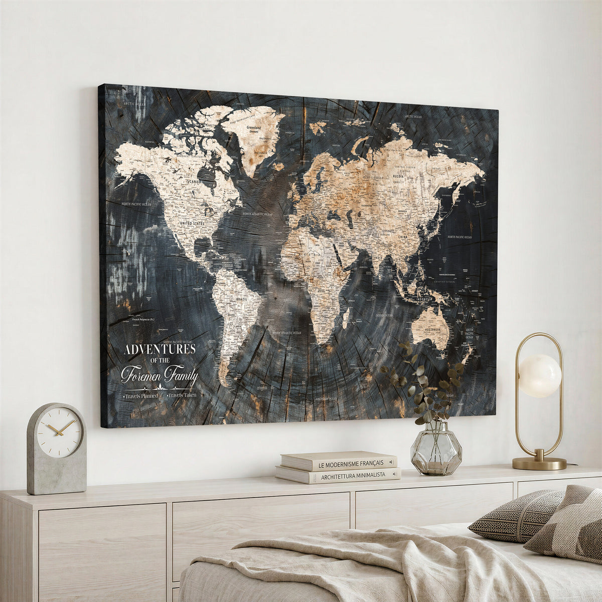 77865338-MGV-CV-36X24 - Personalized Framed Beige Push Pin World Map Canvas Print, Bucket List Map, Living Room and Hallway Decor
