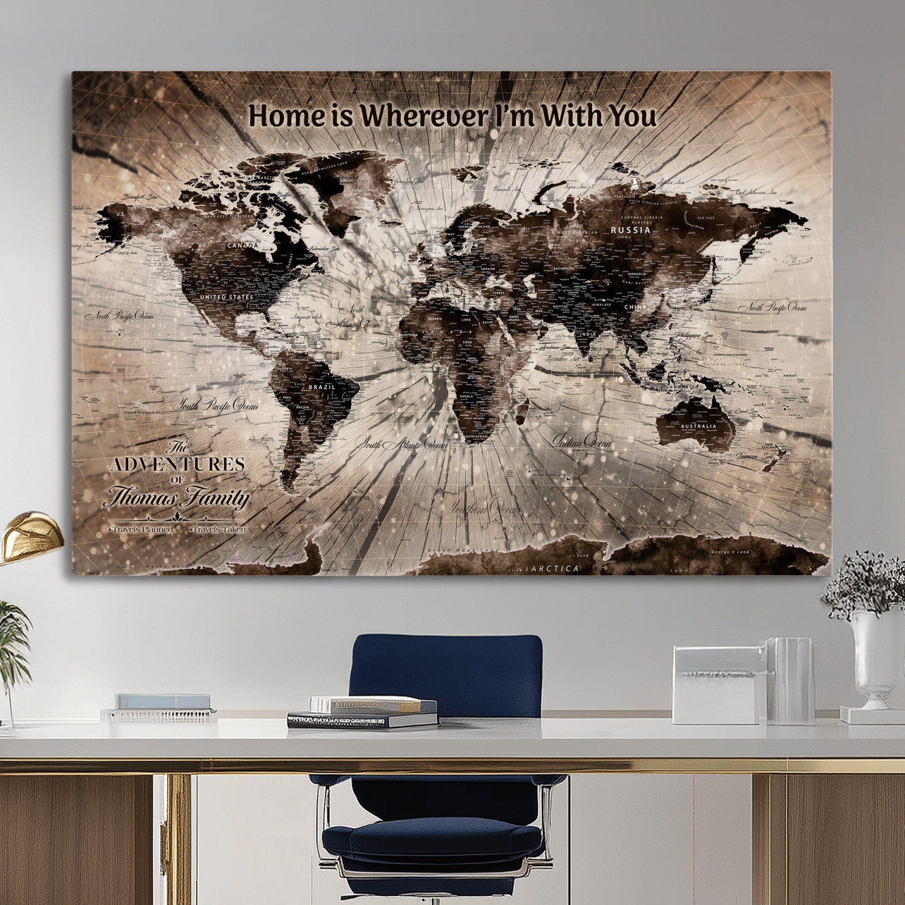 12350515-MGV-CV-36X24 - Custom Push Pin World Map Wall Art Canvas Print – Personalized Travel Tracker with Pins Framed Large for Home and Office Decor