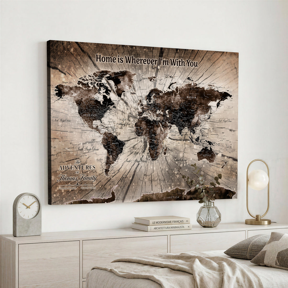Personalized Push Pin World Map Wall Art Canvas Print, Customizable Framed Travel Map - NEWMAP-085