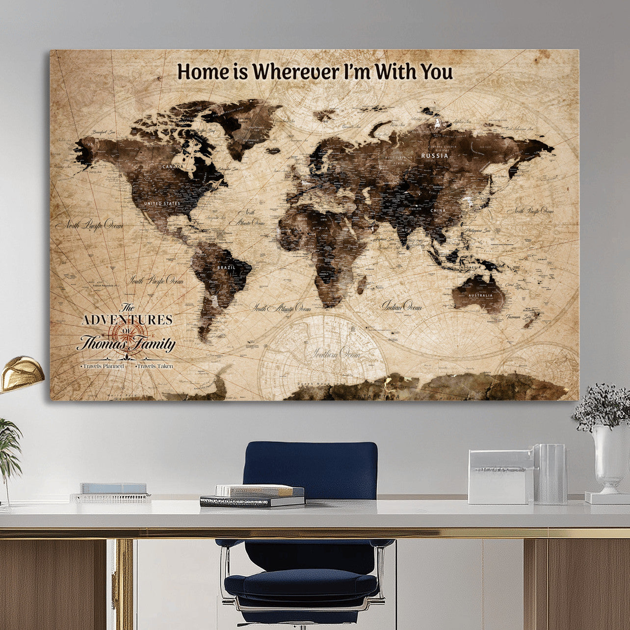 74771891-MGV-CV-36X24 - Custom Push Pin World Map Wall Art Canvas Print – Personalized Travel Tracker with Pins Framed Large for Home and Office Decor