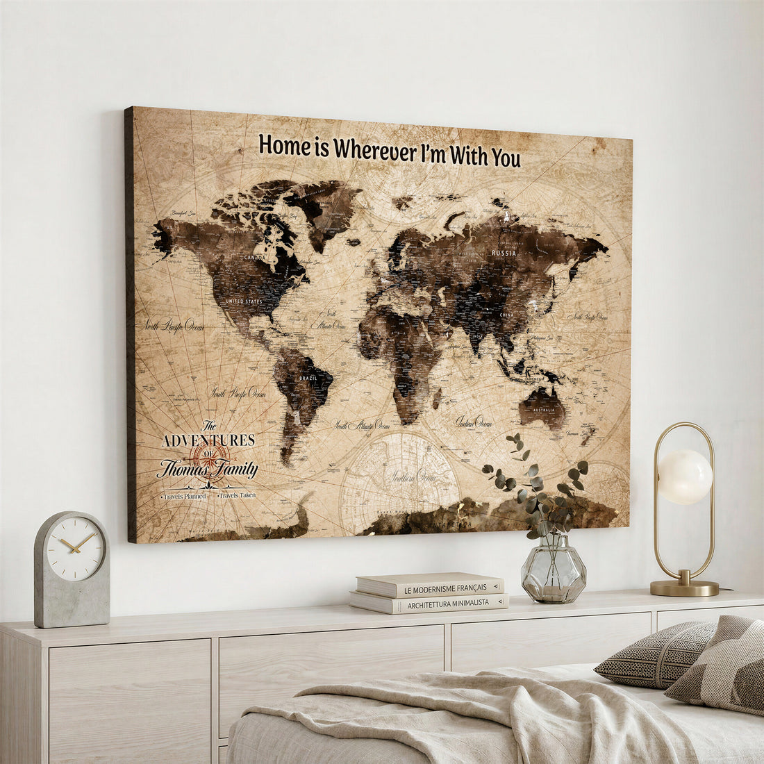 Personalized Framed Beige Modern World Travel Map Wall Art with Pins, Family Adventure Map, Living Room and Hallway Decor