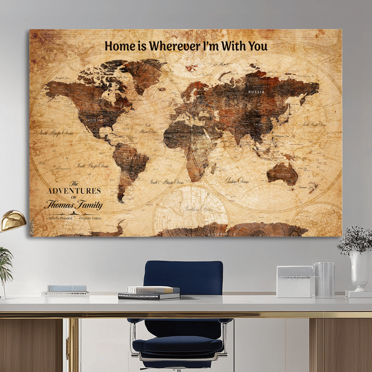 47310001-MGV-CV-36X24 - Custom Push Pin World Map Wall Art Canvas Print – Personalized Travel Tracker with Pins Framed Large for Home and Office Decor