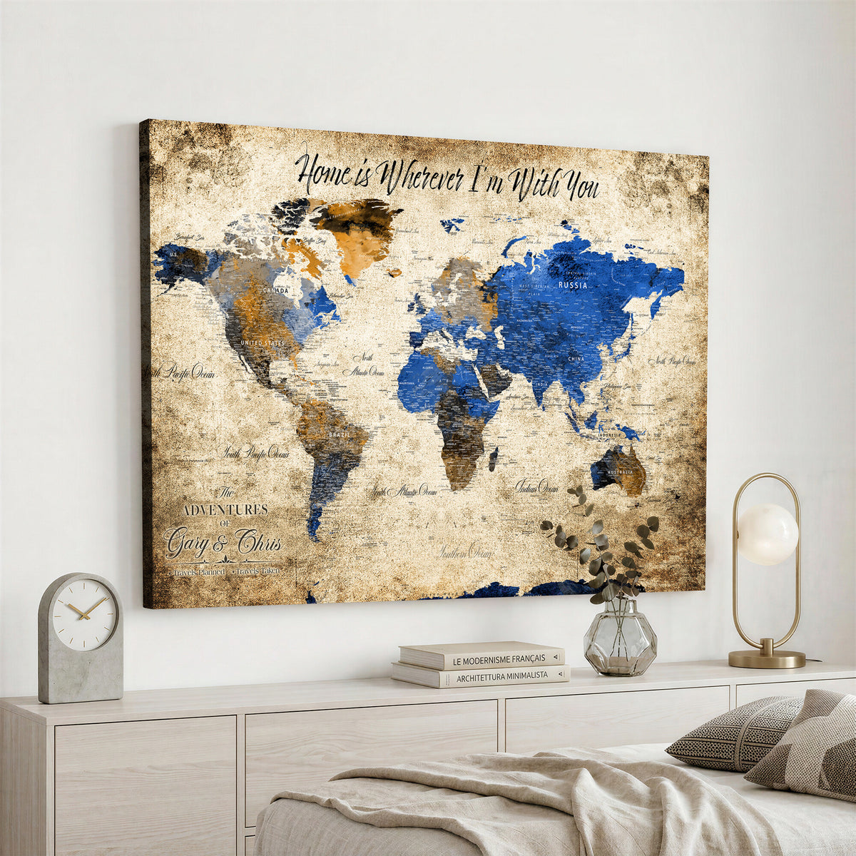 13332533-MGV-CV-36X24 - Personalized Framed Beige World Map Canvas with Push Pins, Honeymoon and Anniversary Gift, Living Room and Home Office Decor