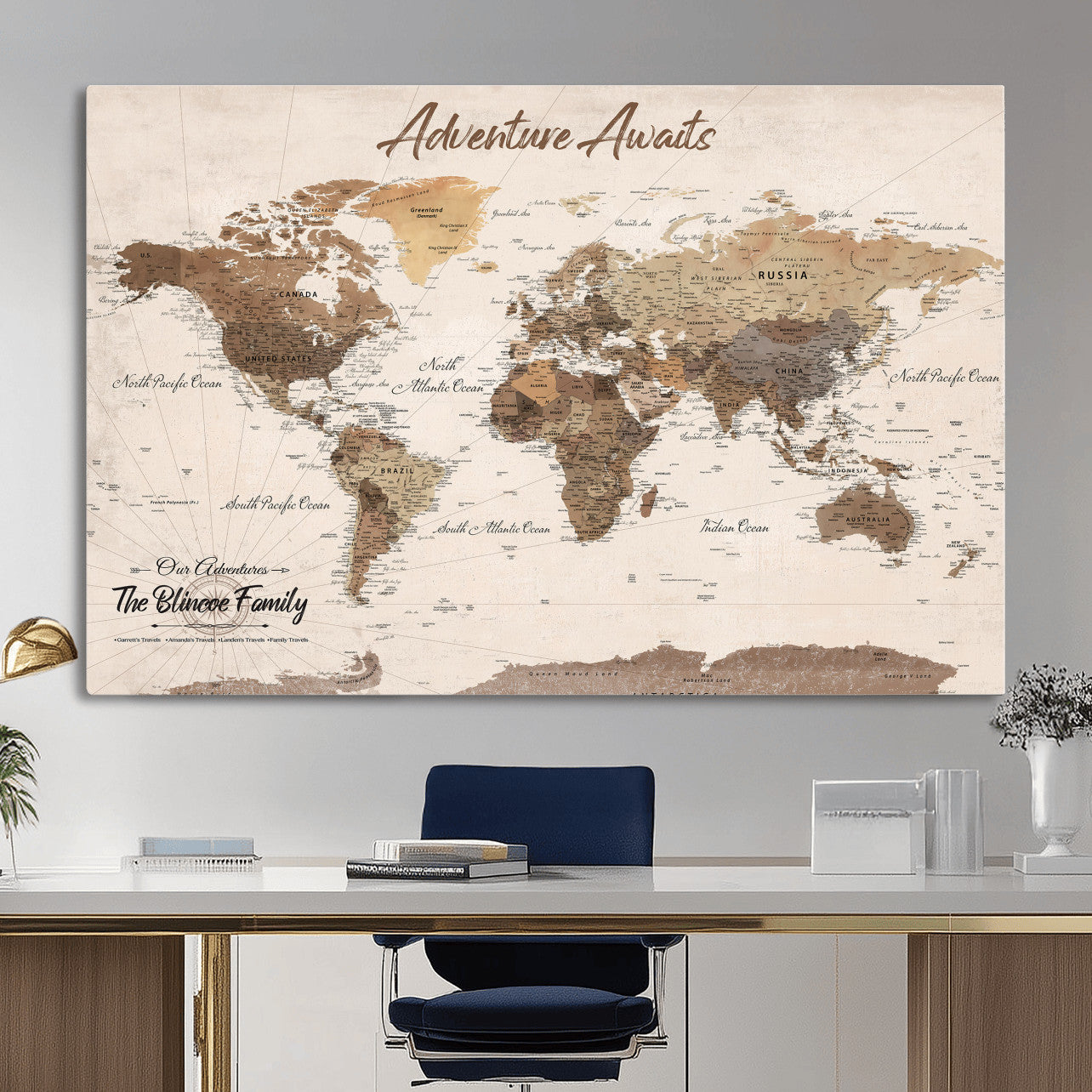 64110351-MGV-CV-36X24 - Custom Push Pin World Map Wall Art Canvas Print – Personalized Travel Tracker with Pins Framed Large for Home and Office Decor