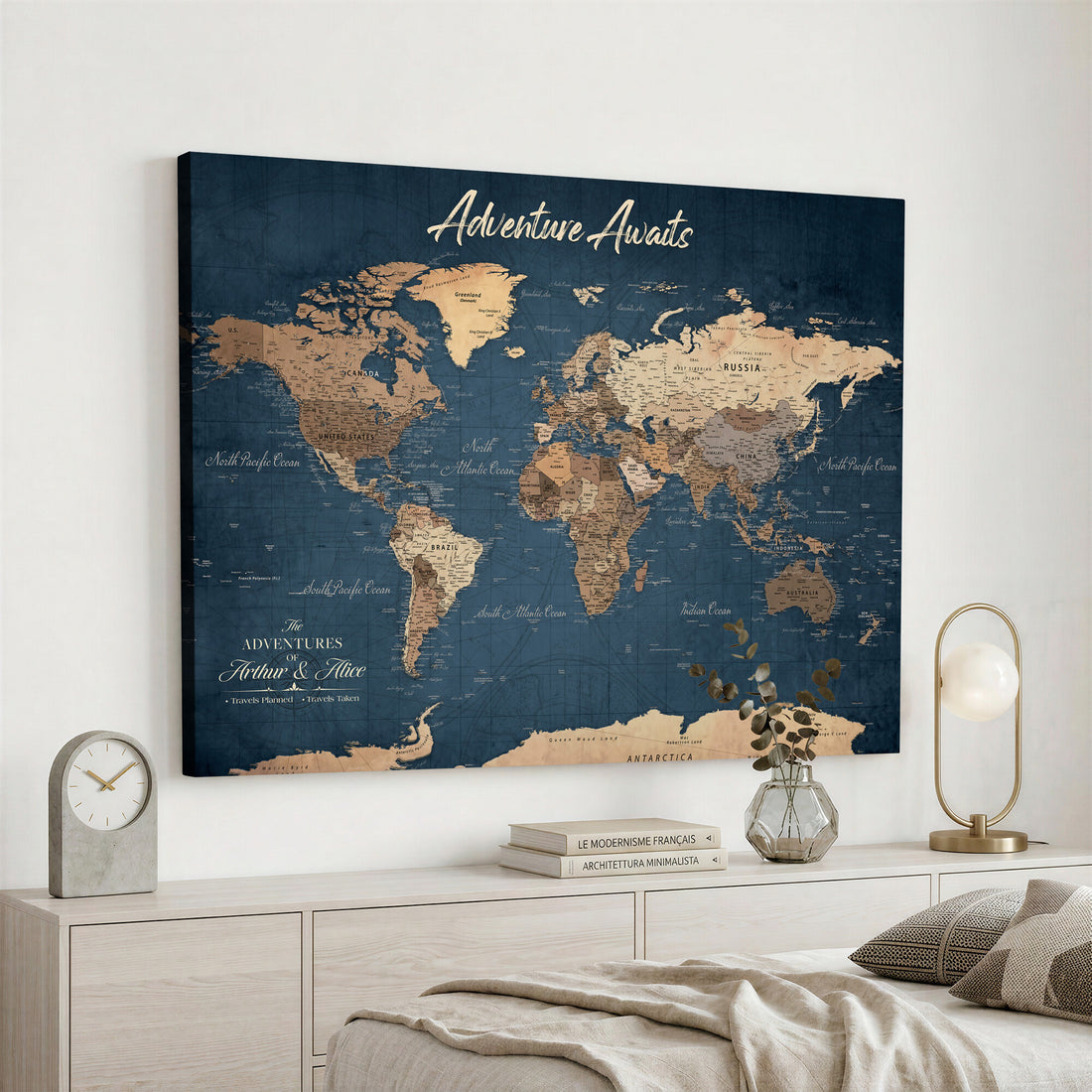 Personalized White Vintage World Travel Map Wall Art with Pins, Next Trip Planner Map, Family Room and Dining Room Decor