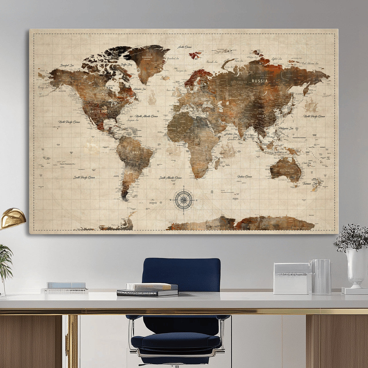 23610090-MGV-CV-36X24 - World Map Wall Art Canvas Print, Modern Decorative Framed Map Artwork Prints for Living Room, Office, Bedroom Wall Decor