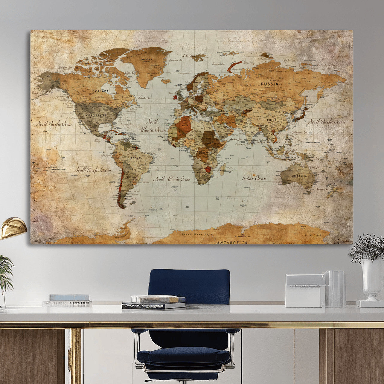 74176056-MGV-CV-36X24 - World Map Wall Art Canvas Print, Modern Decorative Framed Map Artwork Prints for Living Room, Office, Bedroom Wall Decor