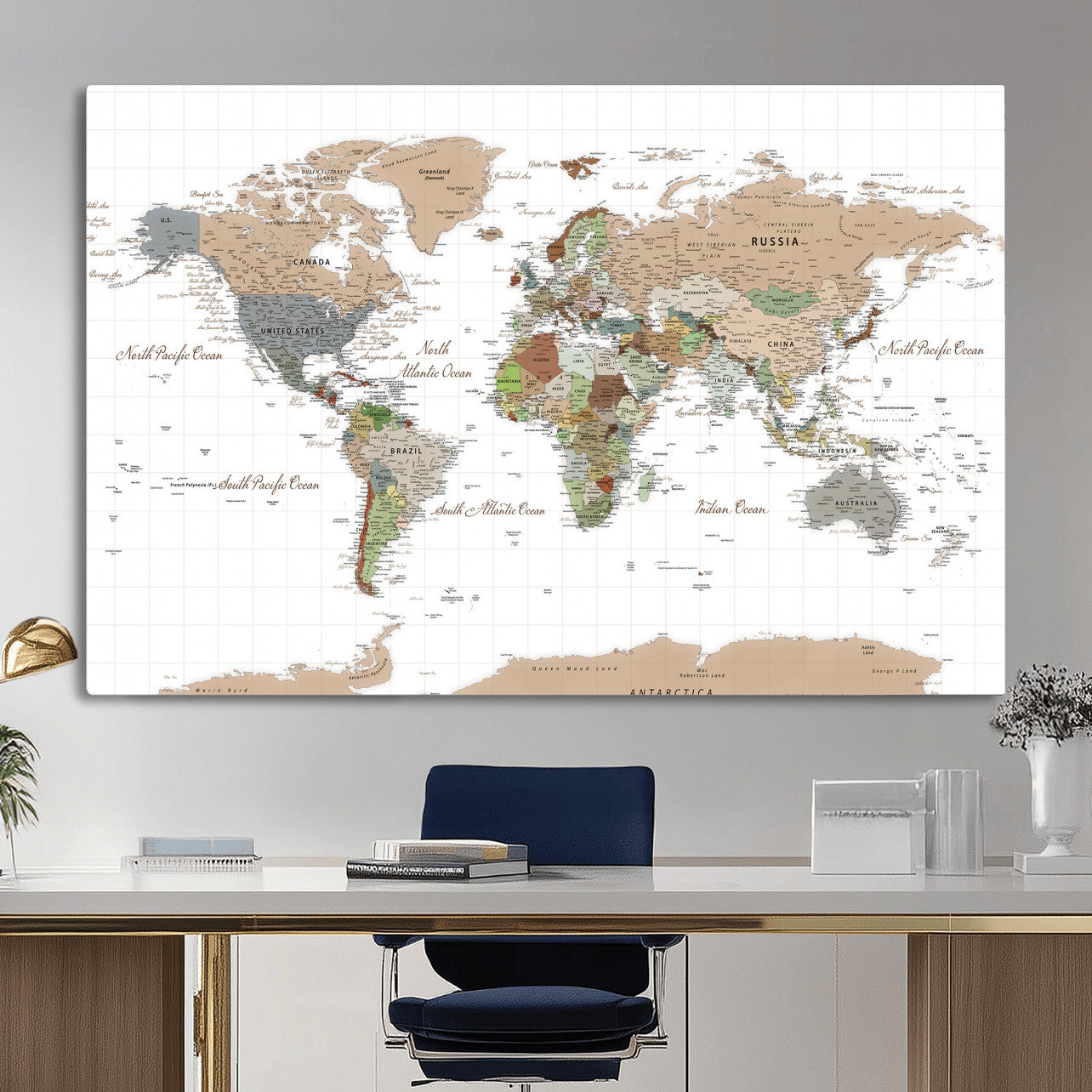 91286788-MGV-CV-36X24 - World Map Wall Art Canvas Print, Modern Decorative Framed Map Artwork Prints for Living Room, Office, Bedroom Wall Decor