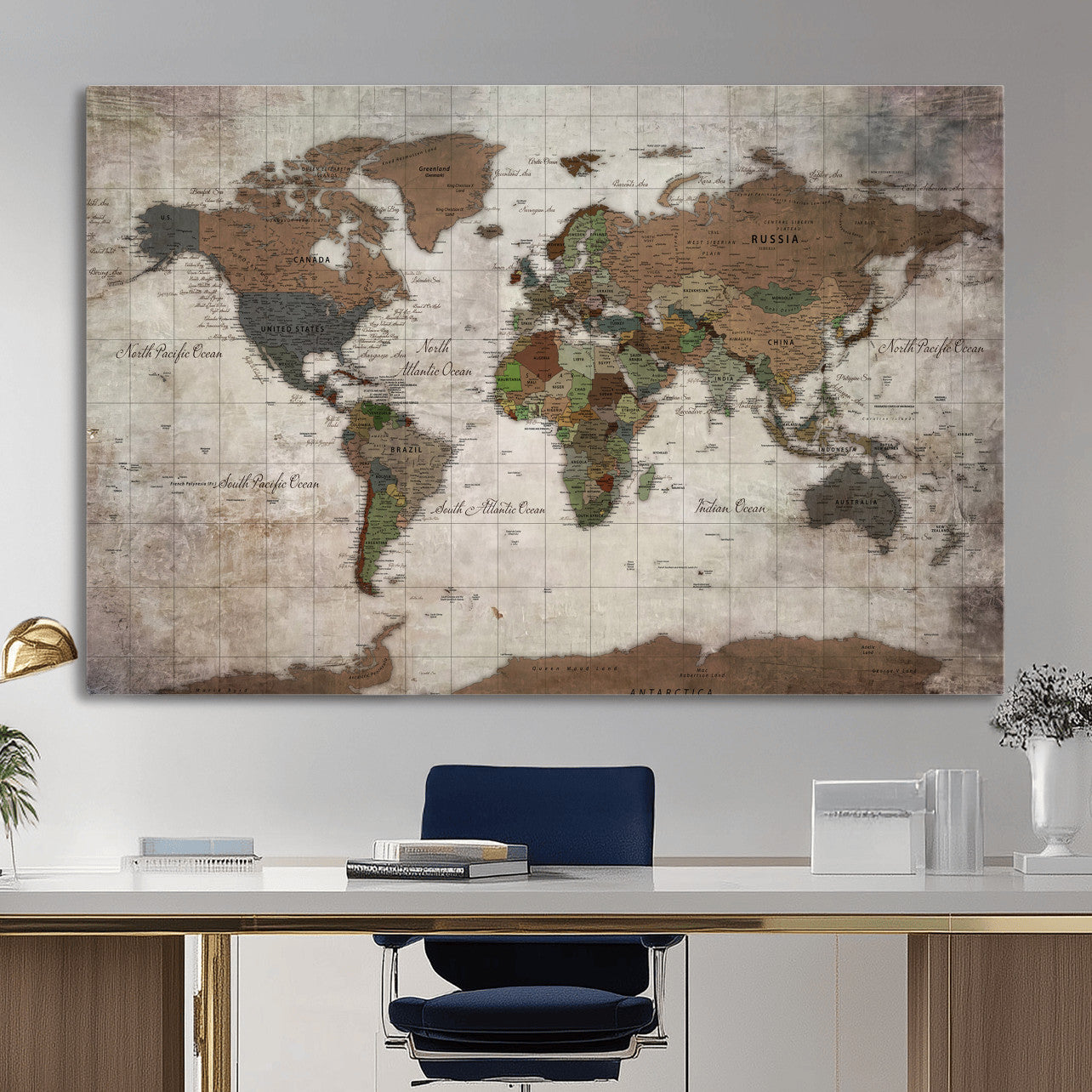 65393892-MGV-CV-36X24 - World Map Wall Art Canvas Print, Modern Decorative Framed Map Artwork Prints for Living Room, Office, Bedroom Wall Decor