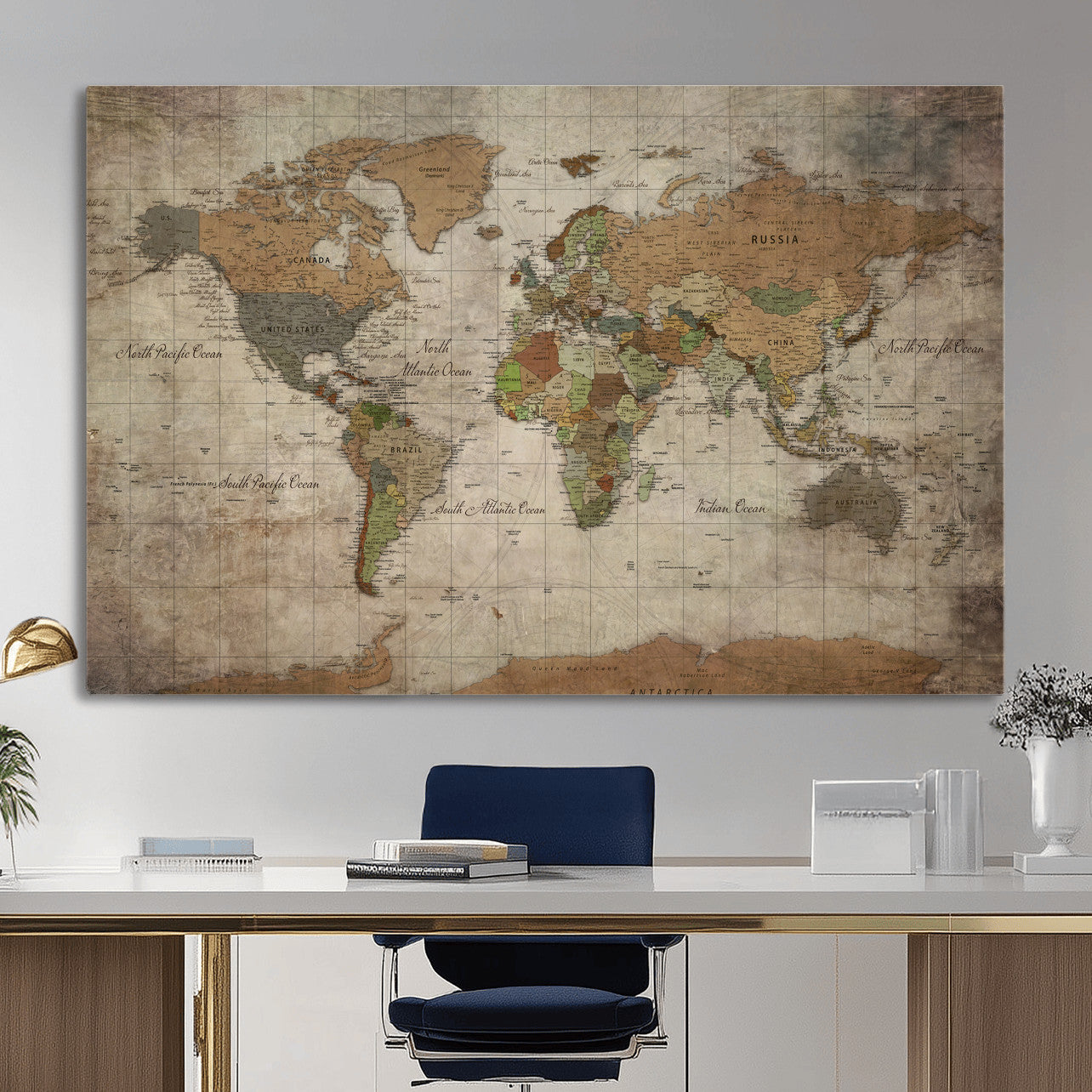 20356264-MGV-CV-36X24 - World Map Wall Art Canvas Print, Modern Decorative Framed Map Artwork Prints for Living Room, Office, Bedroom Wall Decor