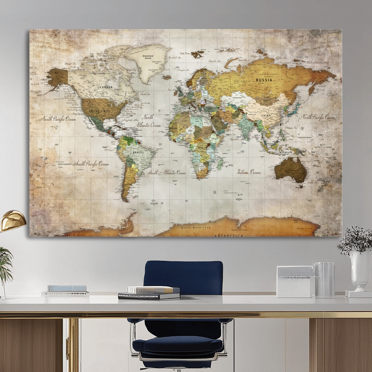 86108417-MGV-CV-36X24 - World Map Wall Art Canvas Print, Modern Decorative Framed Map Artwork Prints for Living Room, Office, Bedroom Wall Decor