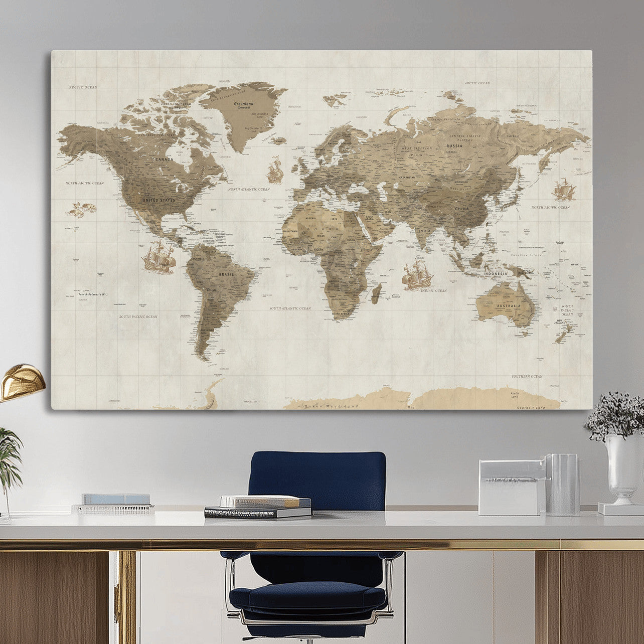 28283260-MGV-CV-36X24 - World Map Wall Art Canvas Print, Modern Decorative Framed Map Artwork Prints for Living Room, Office, Bedroom Wall Decor