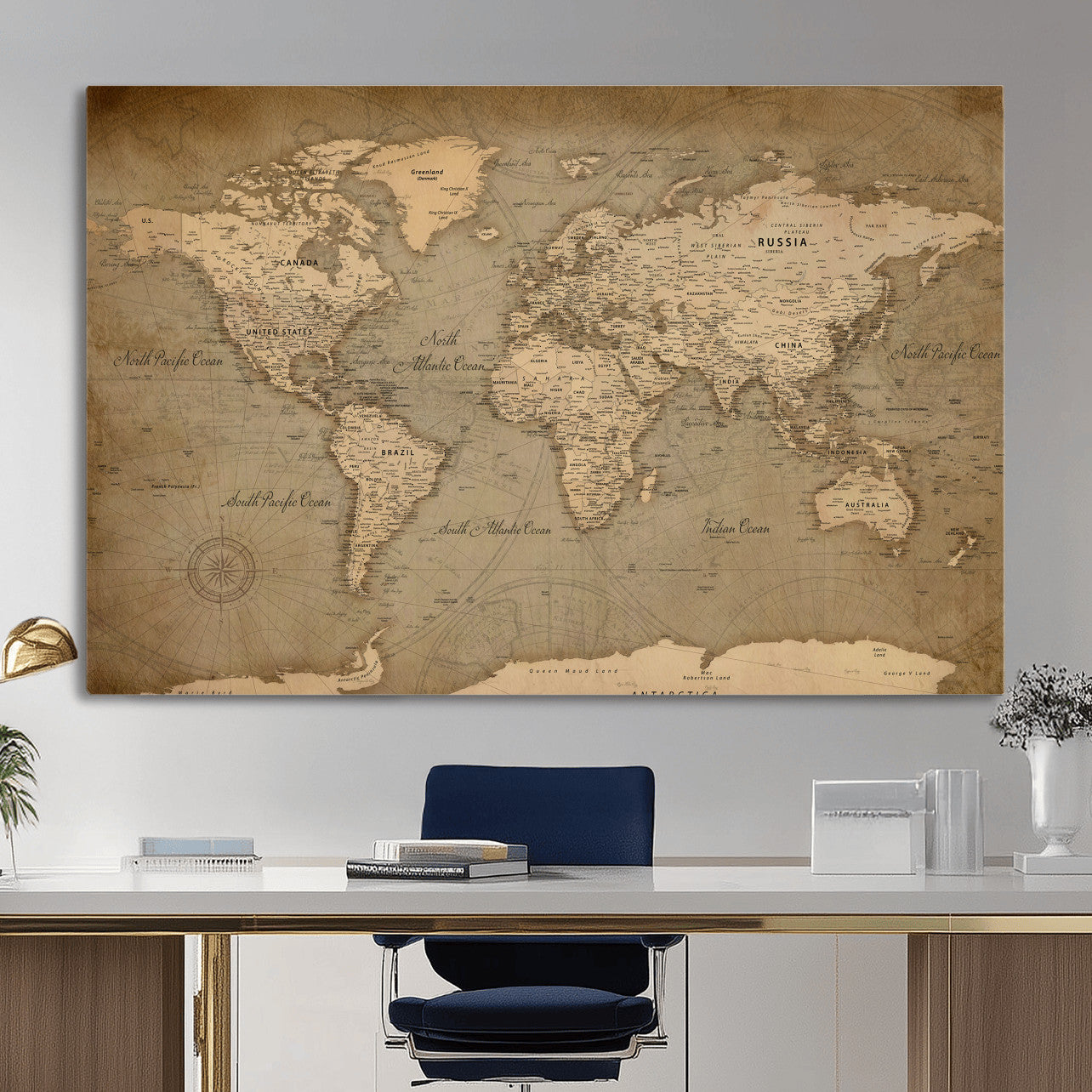 49946617-MGV-CV-36X24 - World Map Wall Art Canvas Print, Modern Decorative Framed Map Artwork Prints for Living Room, Office, Bedroom Wall Decor