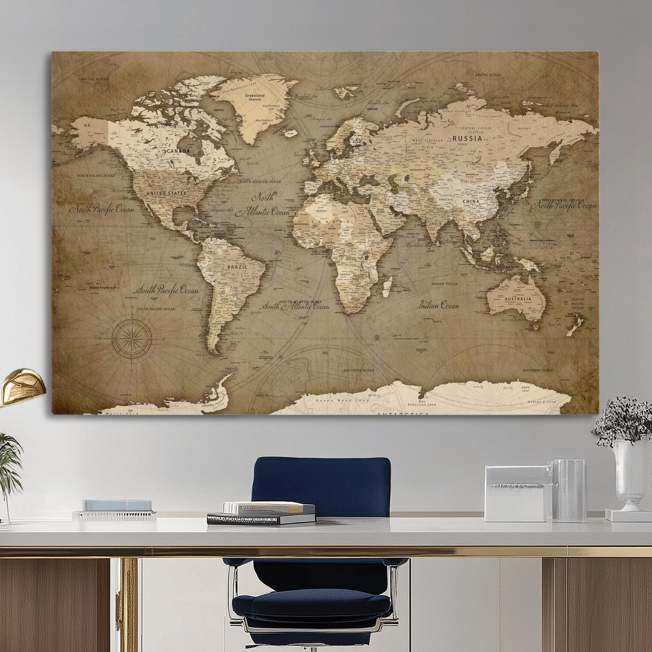 82314635-MGV-CV-36X24 - World Map Wall Art Canvas Print, Modern Decorative Framed Map Artwork Prints for Living Room, Office, Bedroom Wall Decor