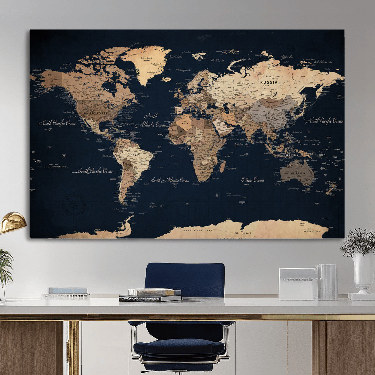 53971530-MGV-CV-36X24 - World Map Wall Art Canvas Print, Modern Decorative Framed Map Artwork Prints for Living Room, Office, Bedroom Wall Decor