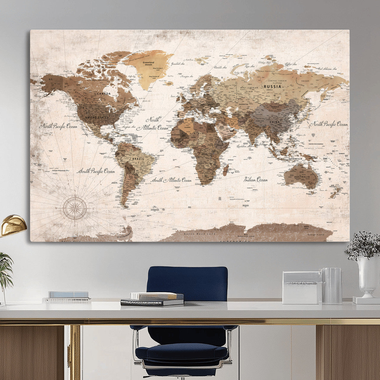 38923639-MGV-CV-36X24 - World Map Wall Art Canvas Print, Modern Decorative Framed Map Artwork Prints for Living Room, Office, Bedroom Wall Decor