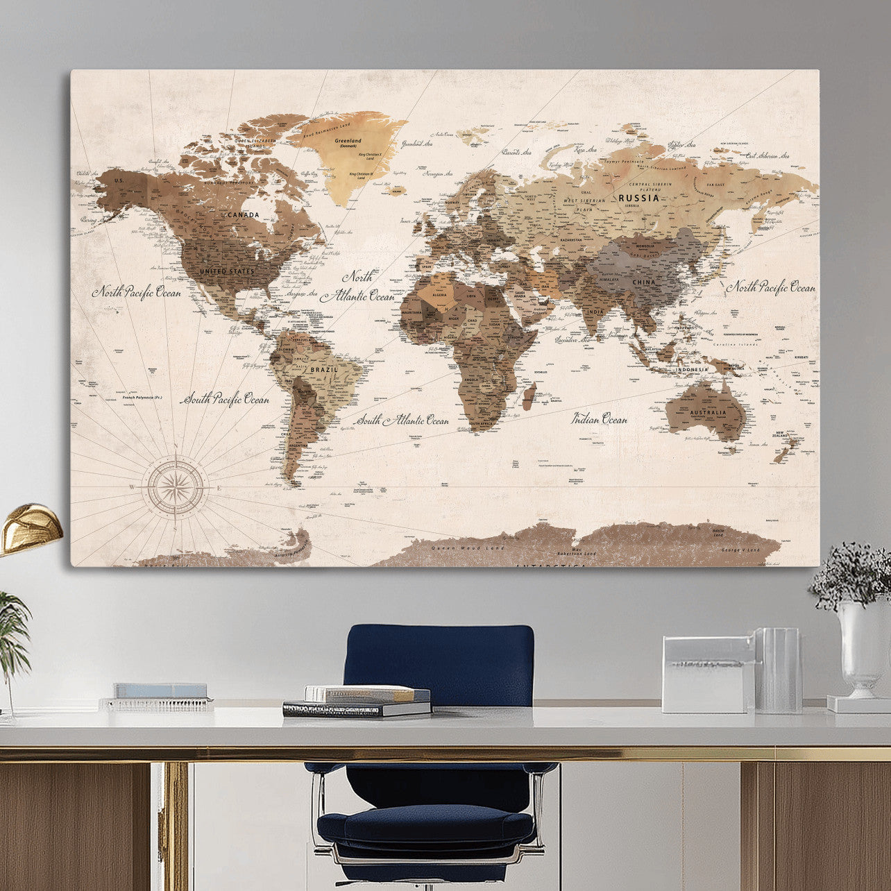 69860078-MGV-CV-36X24 - World Map Wall Art Canvas Print, Modern Decorative Framed Map Artwork Prints for Living Room, Office, Bedroom Wall Decor