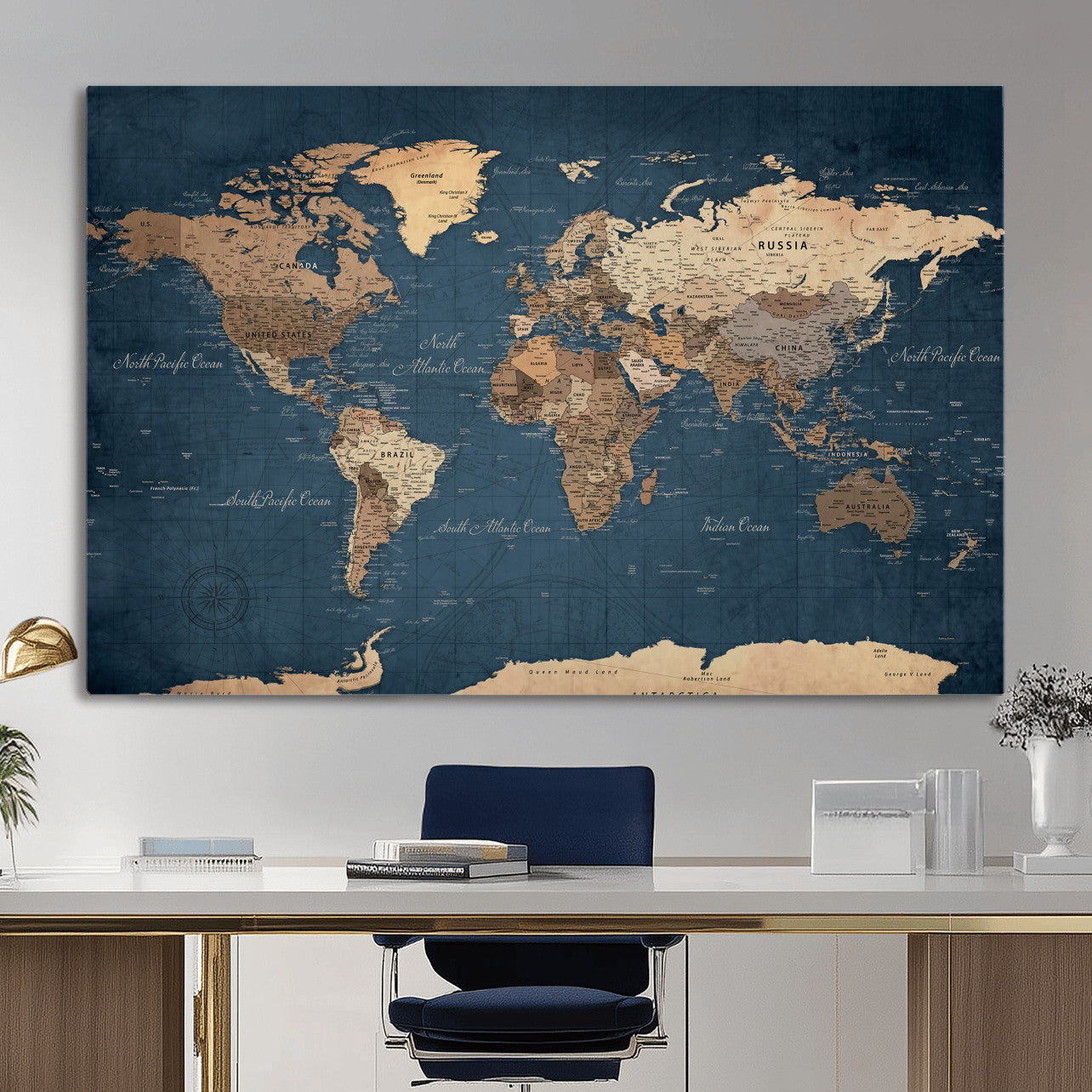 69886352-MGV-CV-36X24 - World Map Wall Art Canvas Print, Modern Decorative Framed Map Artwork Prints for Living Room, Office, Bedroom Wall Decor